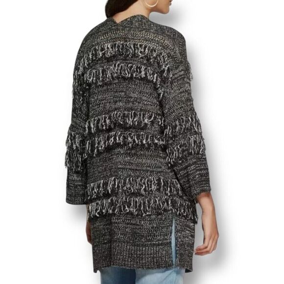 Knox Rose L Black White Fringe Cardigan Boho Open Front Chunky Knit Sweater Coat - Picture 2 of 11